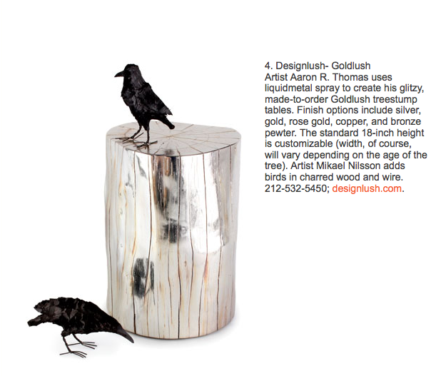 Aaron R Thomas' liquidmetal-sprayed tree stumps featured in Design Wire's weekly top five furniture